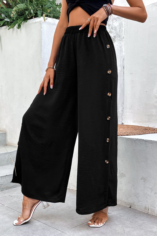 High Rise Button Detail Wide Leg Pants
