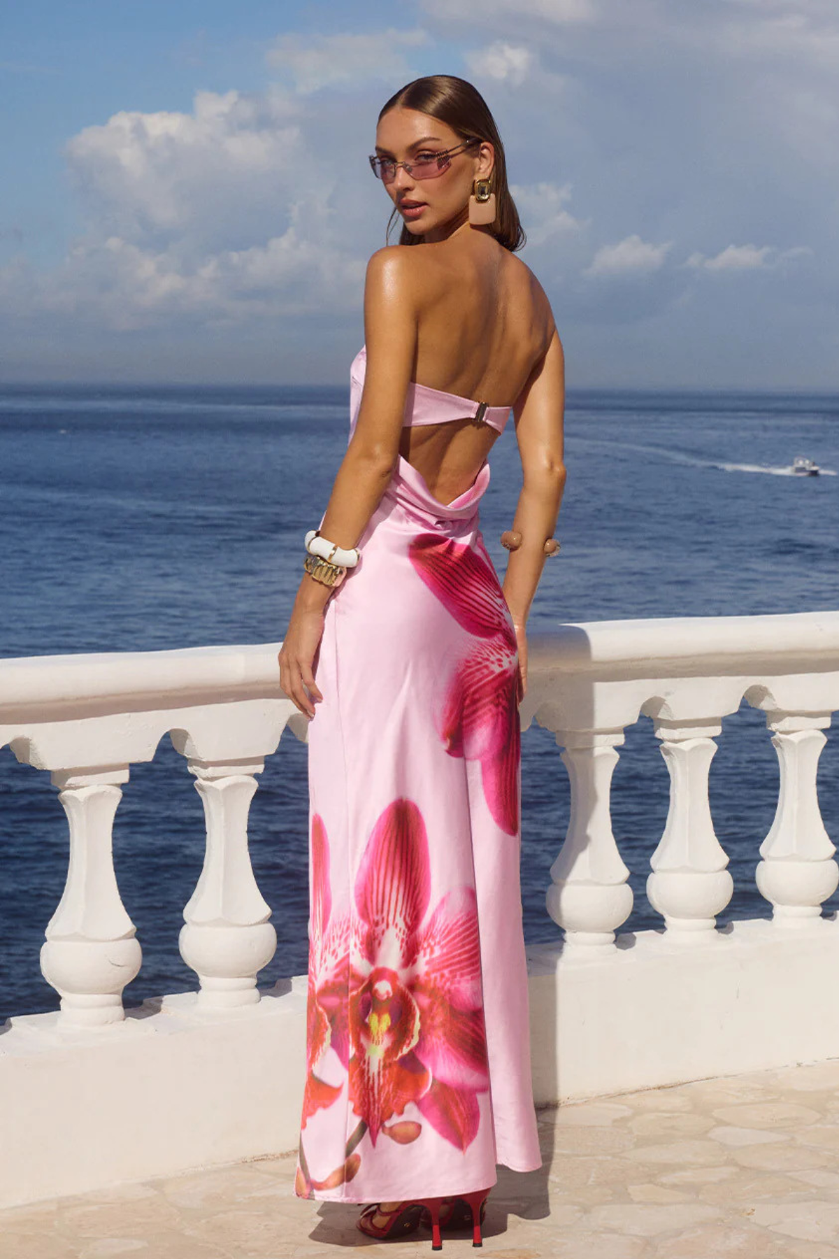 Elegant Floral Strapless Cutout Maxi Dress