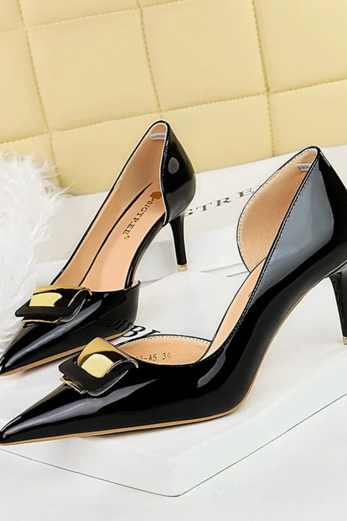 Leather Stiletto Pumps with Metal Buckle