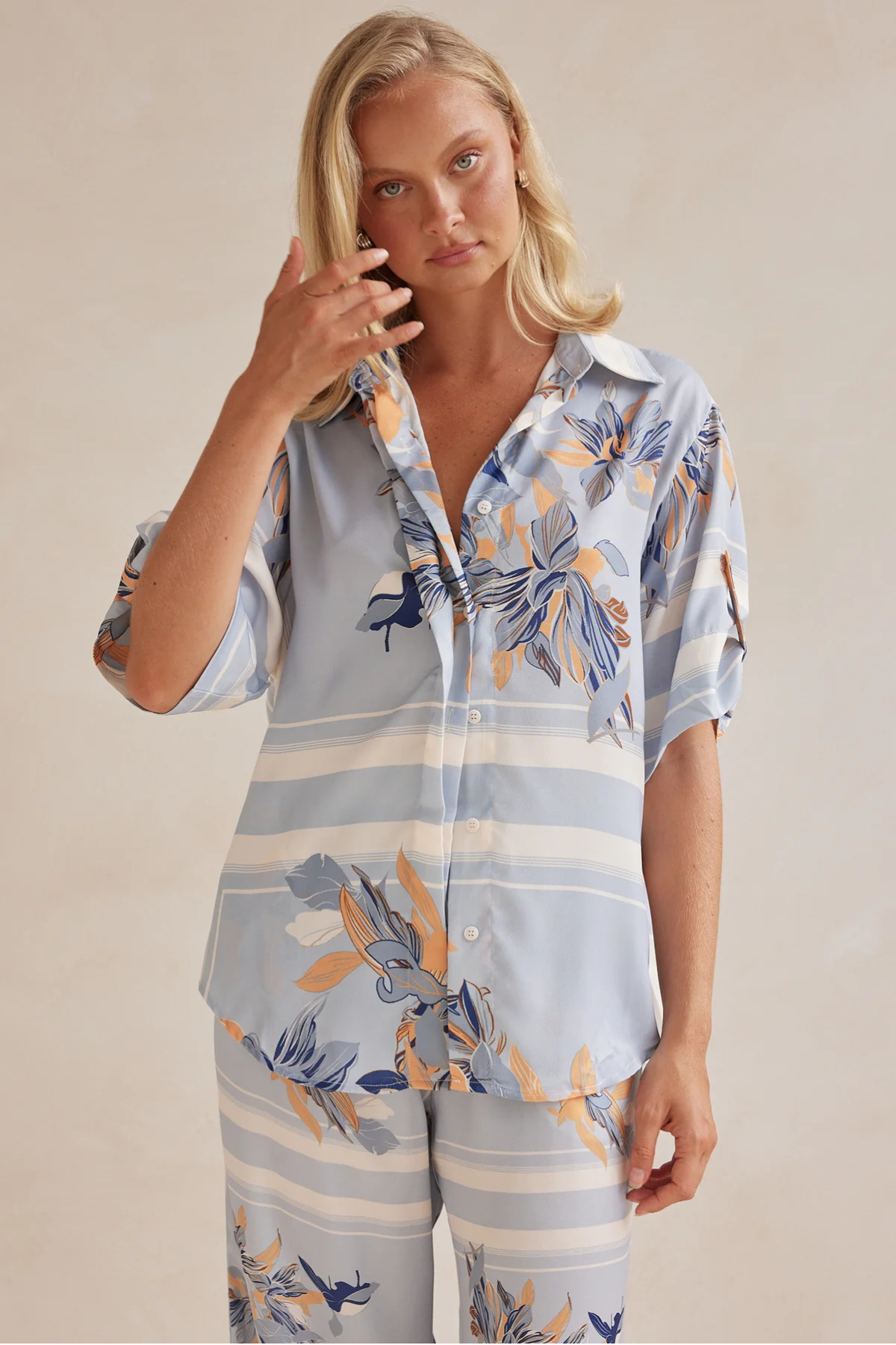 Striped Floral Button-Up Set