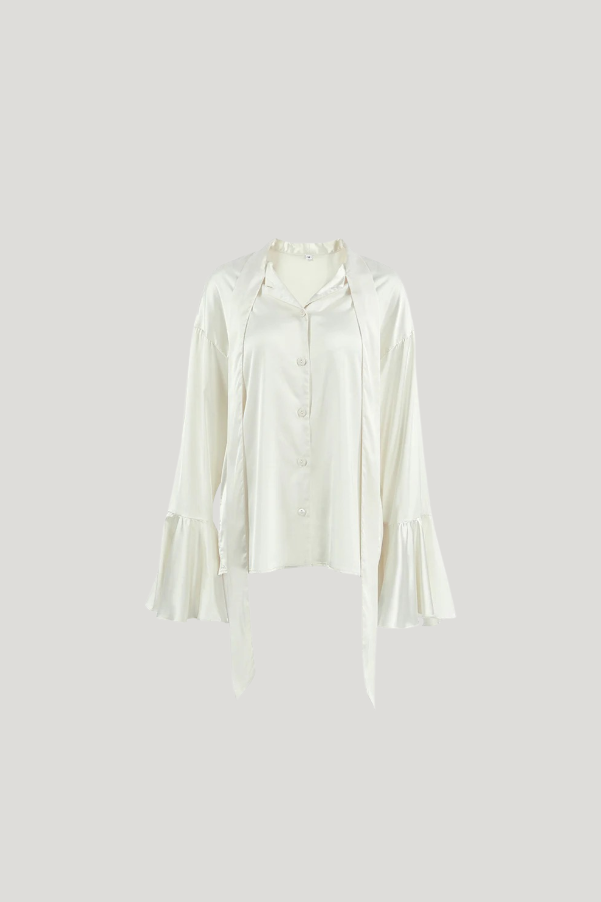 Satin Tie-Neck Blouse with Ruched Panel Sleeves