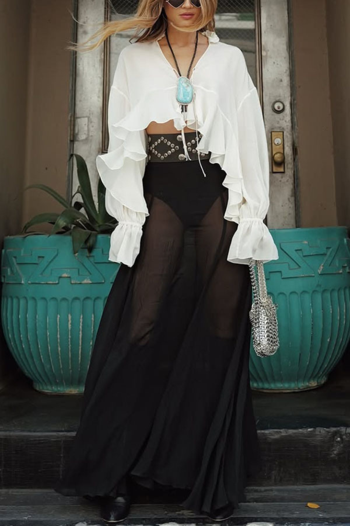 Sheer Lace Ruffle Tie Blouse