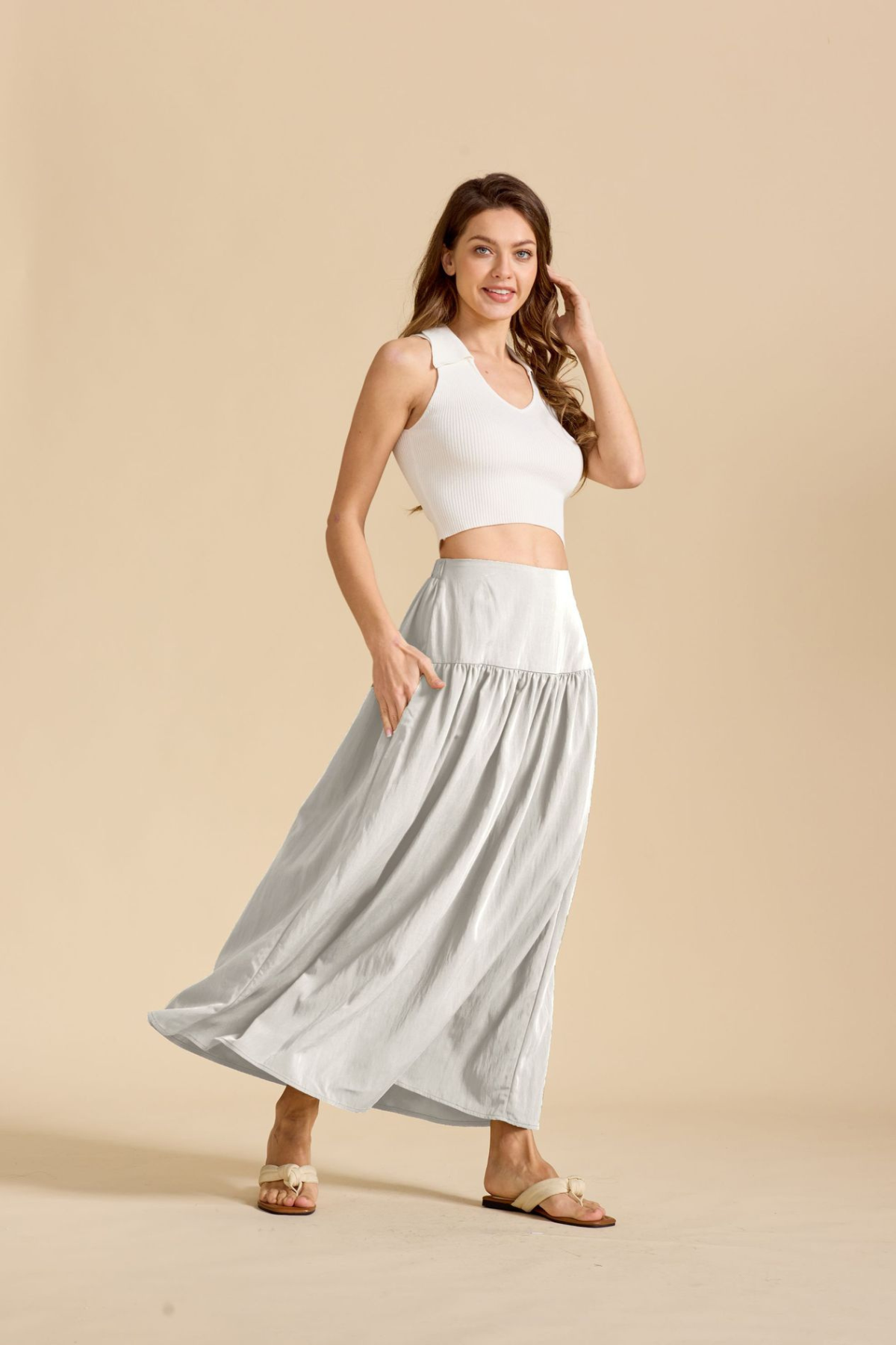 Ruched Pocketed Cotton A-Line Maxi Skirt