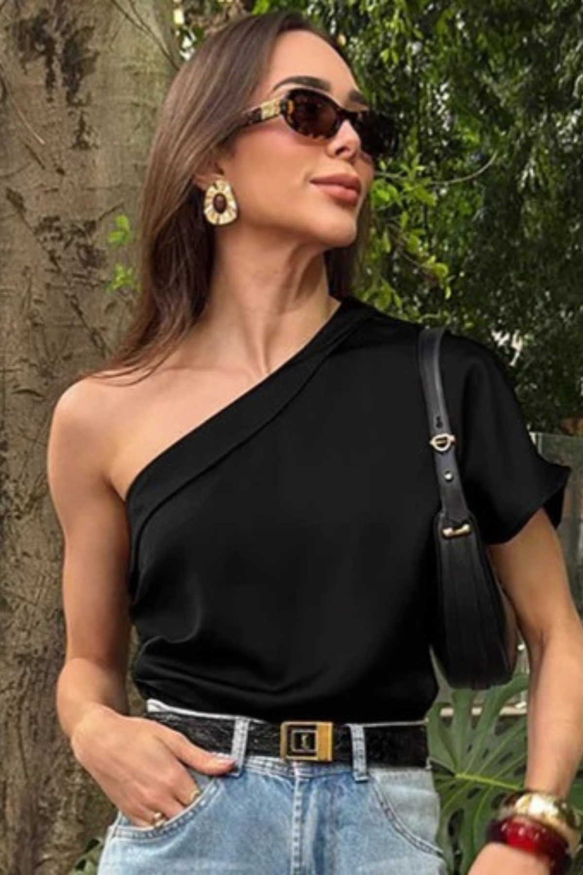 Asymmetric One-Shoulder Satin Blouse