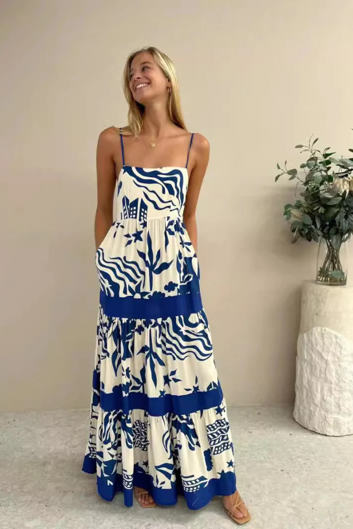 Printed Pocket Spaghetti Strap Maxi Dress