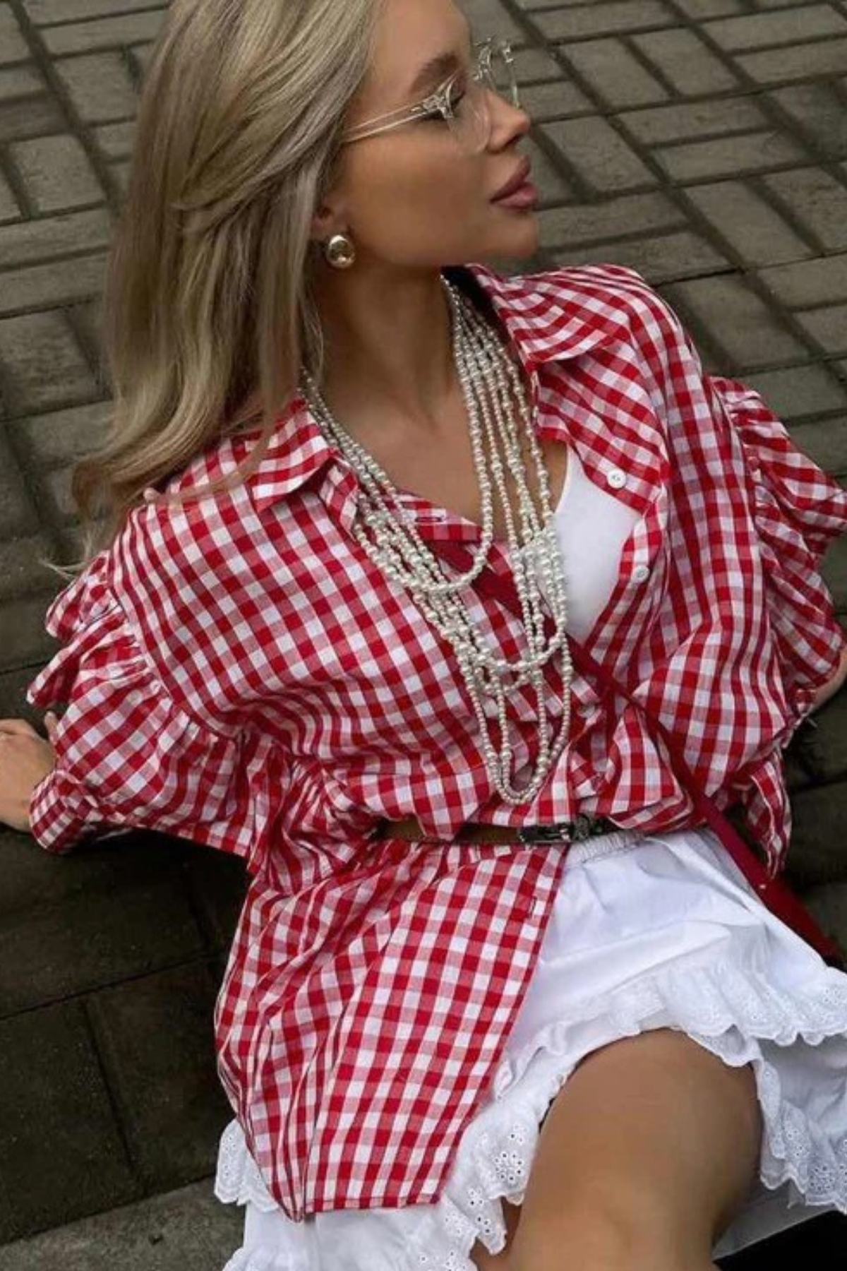 Cotton Plaid Ruffled Collared Shirt