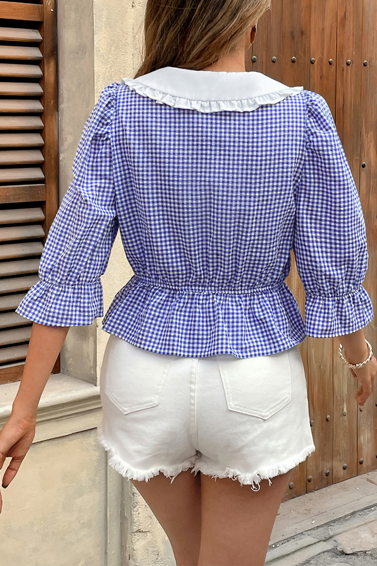 Ruffle Patchwork Check Blouse