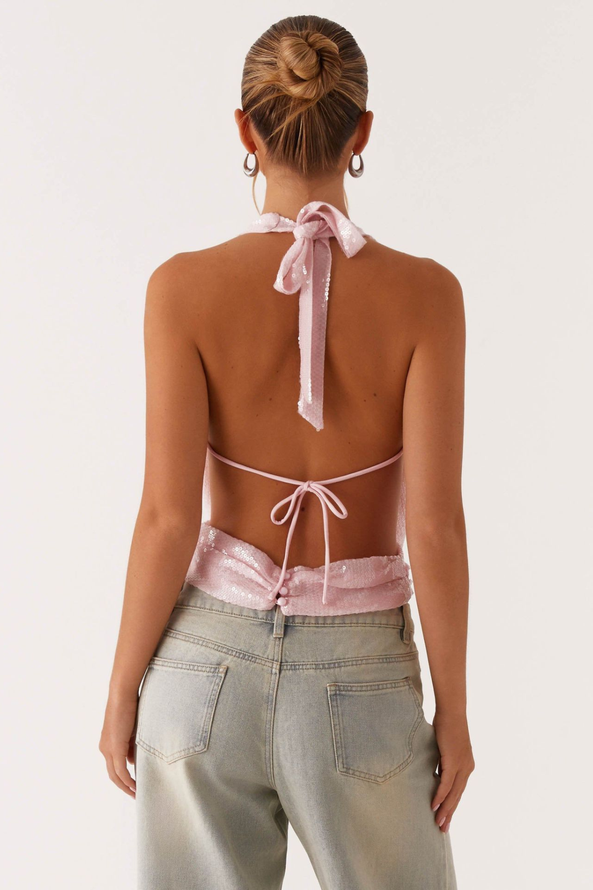 Sequin Tie Backless Cowl Neck Halter Tank