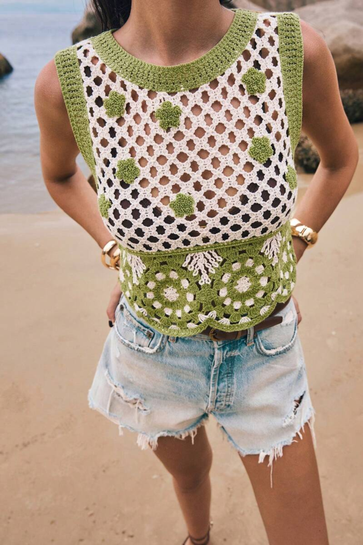 3D Embroidered Floral Crew Neck Tank Top