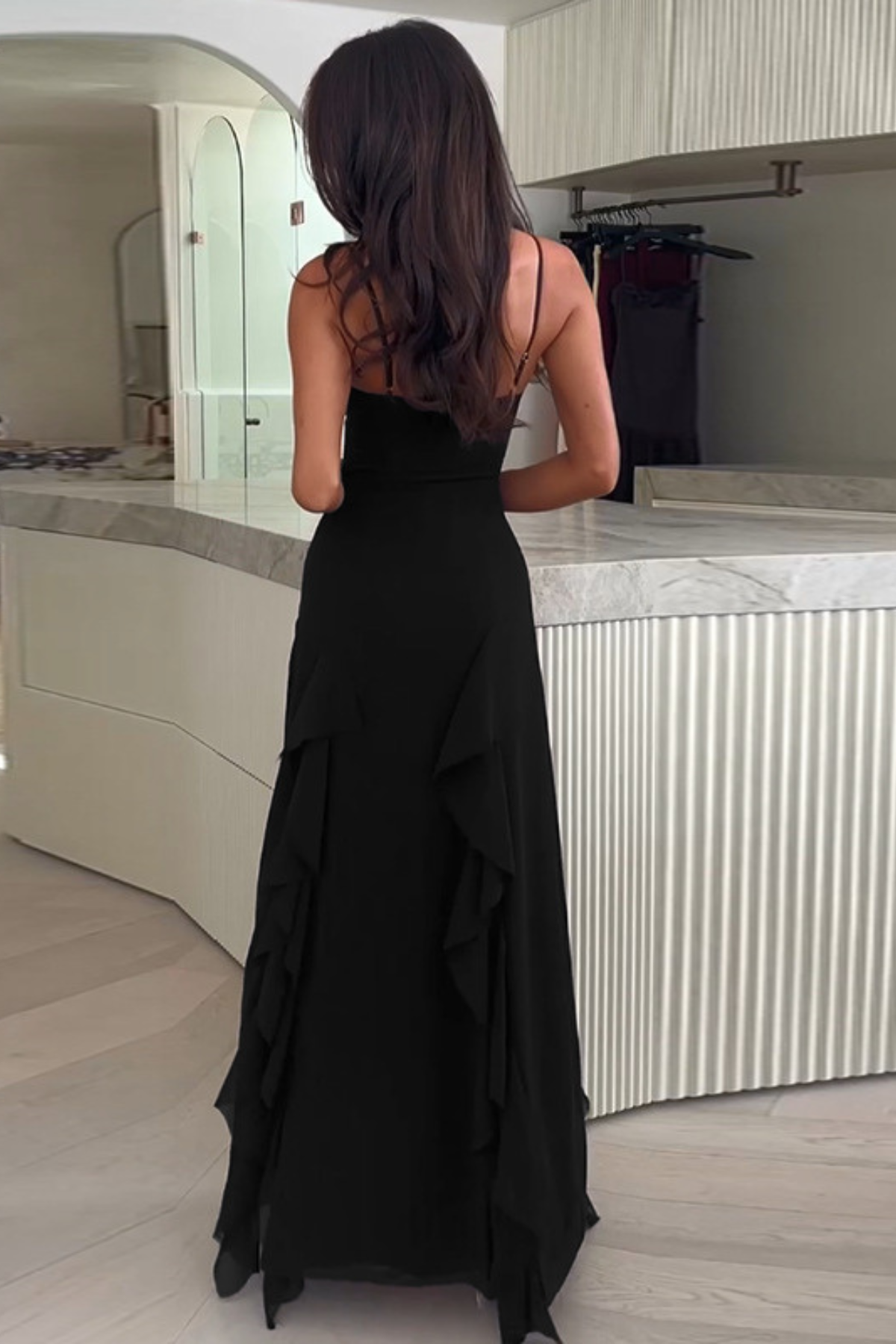Long Ruffle Slit Dress