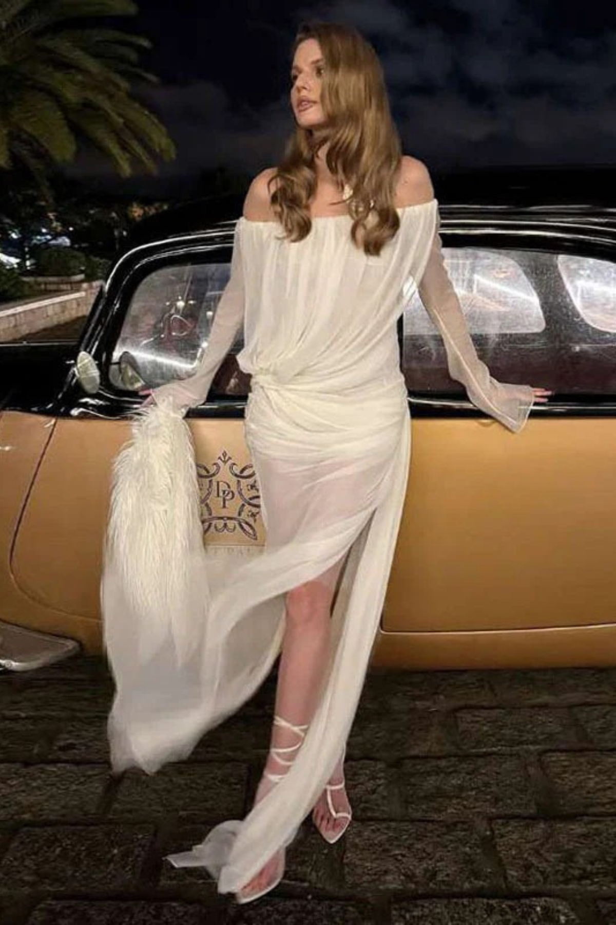 Off-Shoulder Sheer Mesh Long Sleeve Dress