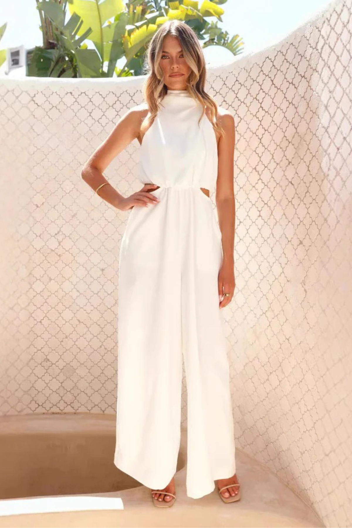 Mock Neck Cutout Jumpsuit with Tie Waist