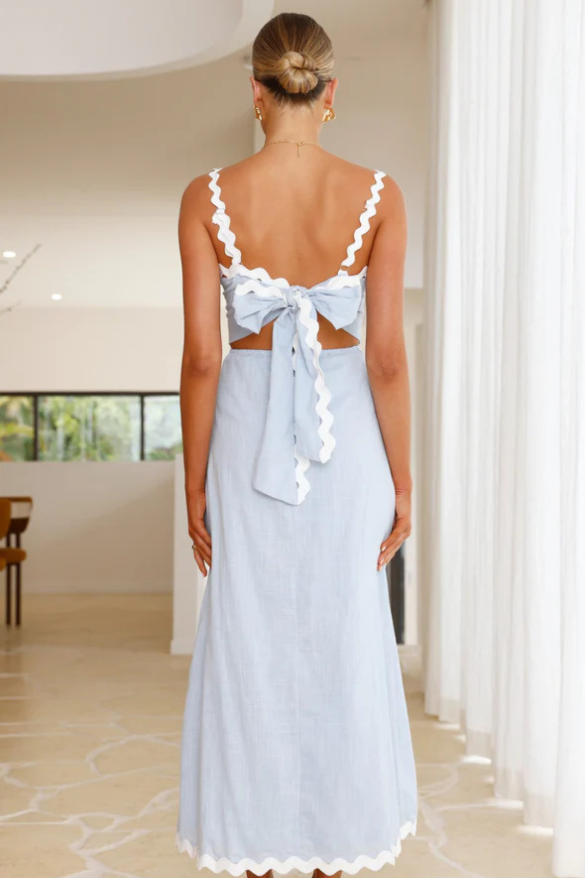 Wavy Backless Tie Strap Maxi Dress