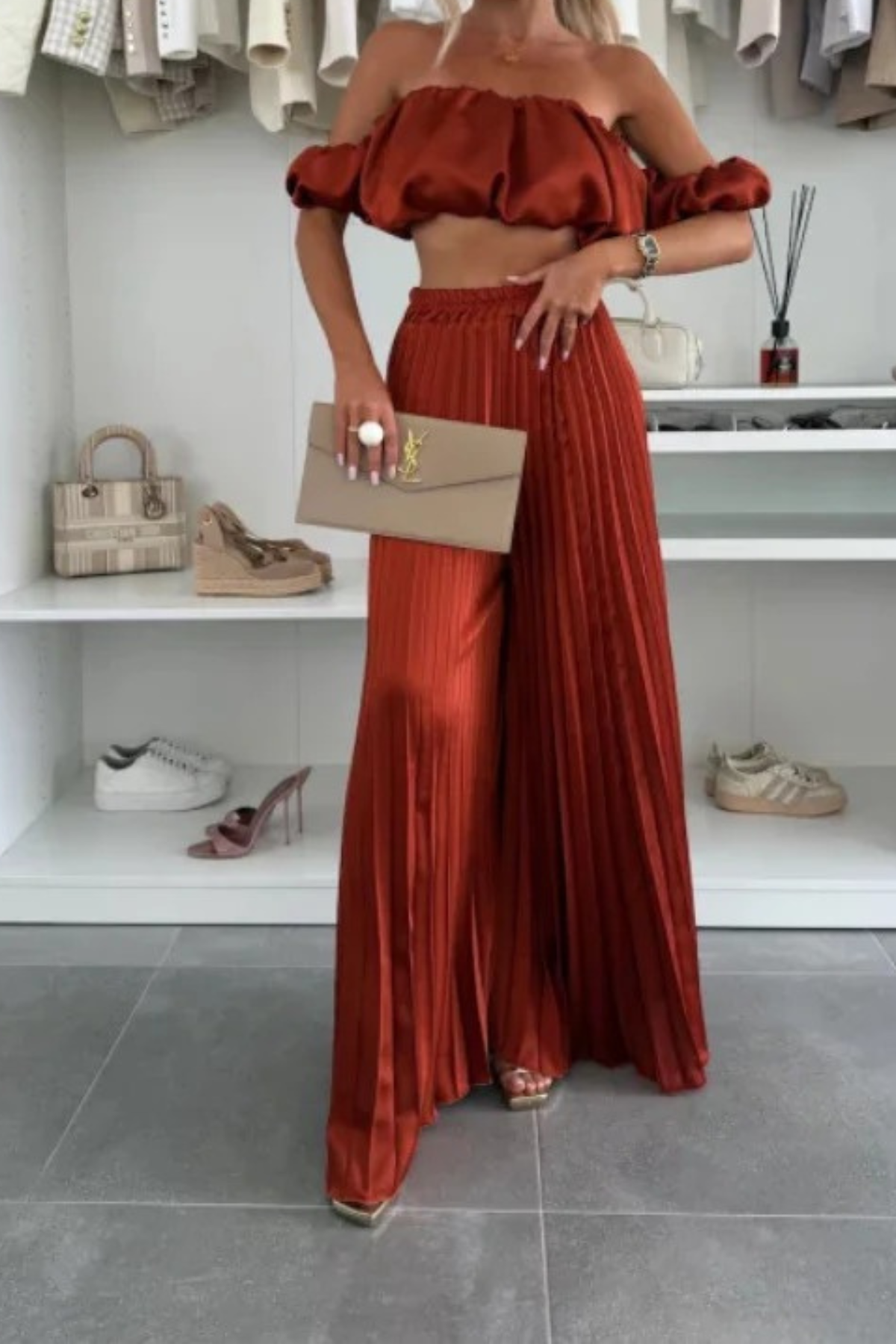 Off-Shoulder Fold Detail Crop Top & Pant Set