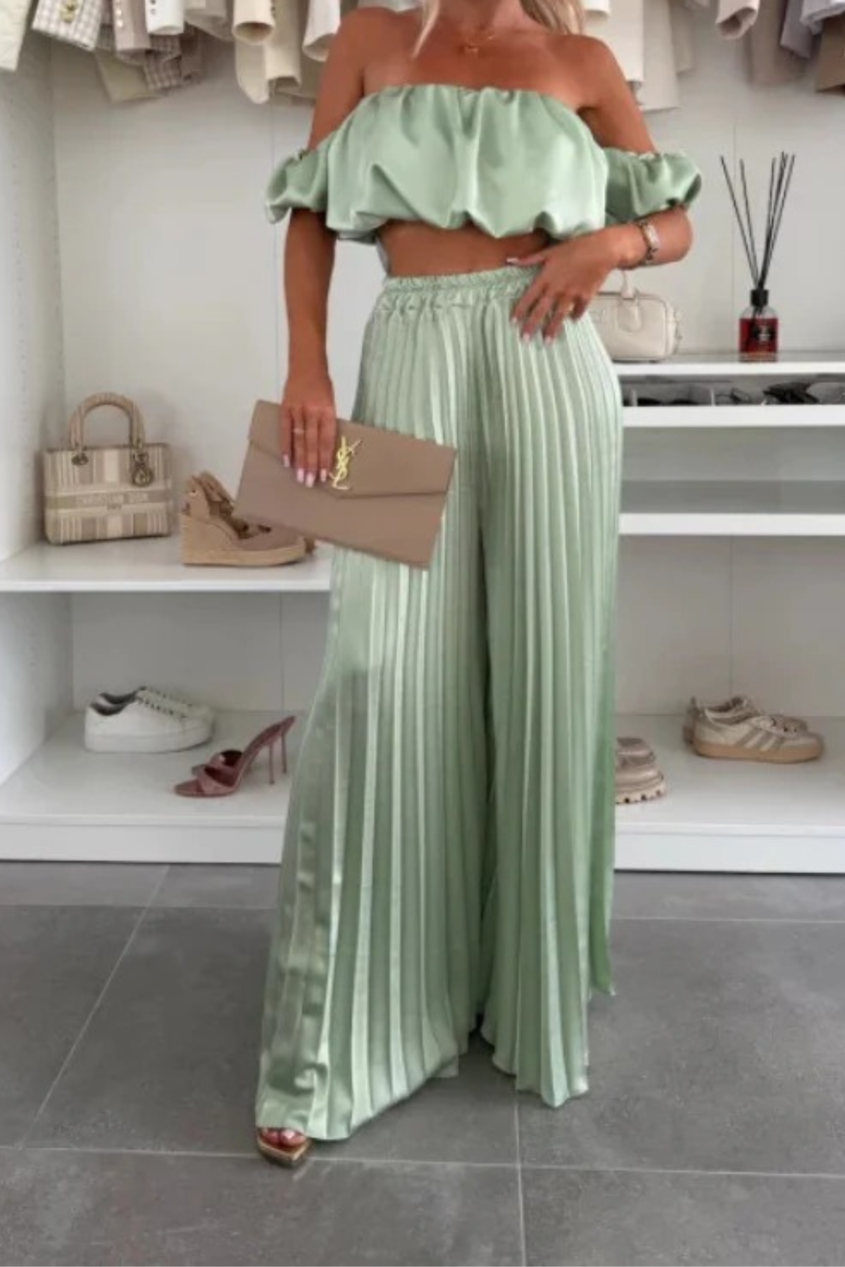 Off-Shoulder Fold Detail Crop Top & Pant Set
