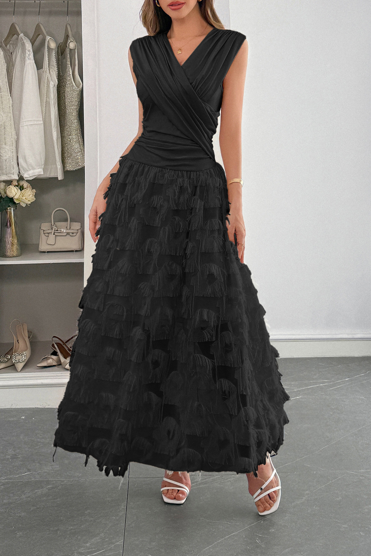Lace Patchwork Ruched Maxi Dress