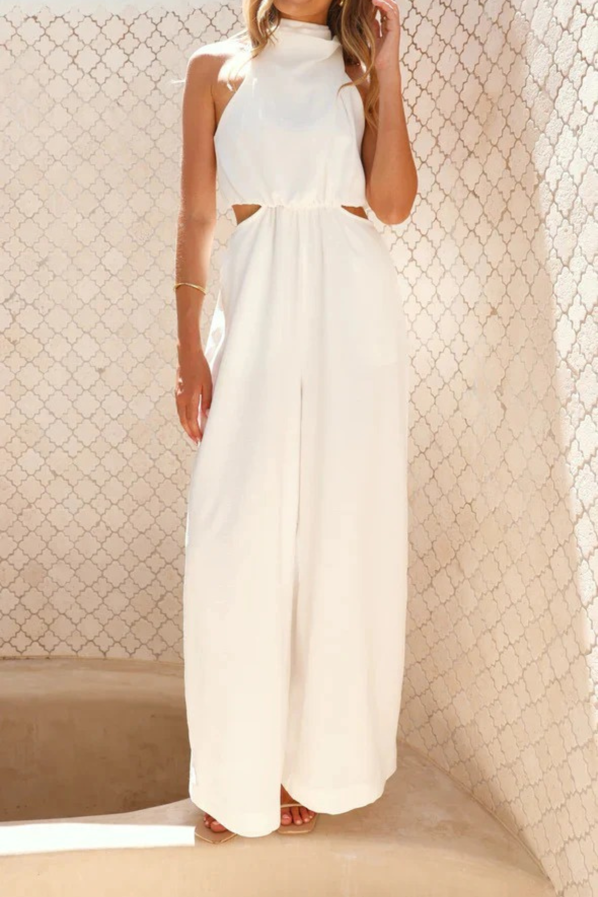 Mock Neck Cutout Jumpsuit with Tie Waist