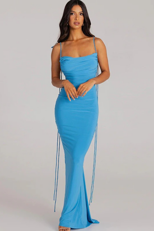 Backless Ruched Tie Spaghetti Strap Maxi Bodycon Dress