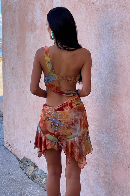 Printed Asymmetric Cutout Bodycon Mini Dress