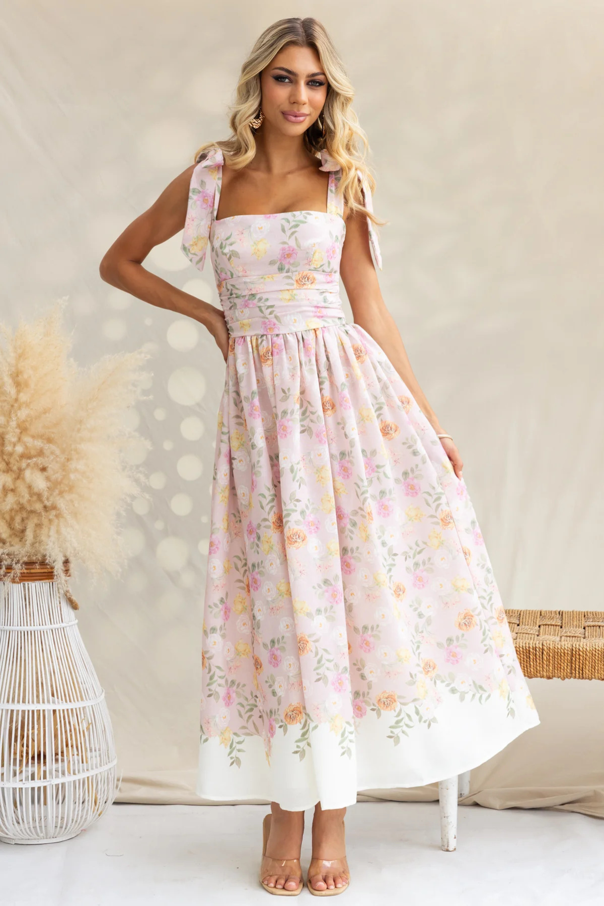 Floral Ruched Spaghetti Strap Maxi Dress