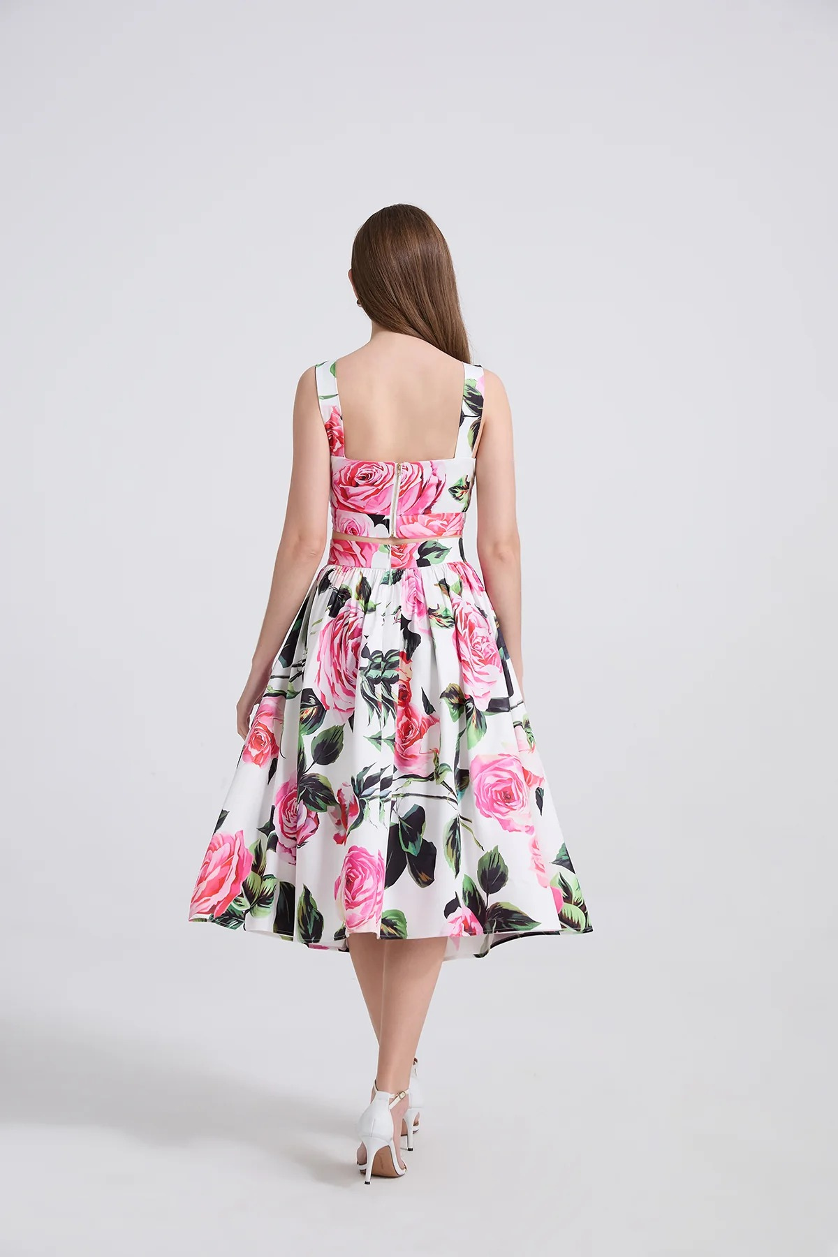 Floral Ruched Spaghetti Strap Crop Top & Midi Skirt Set