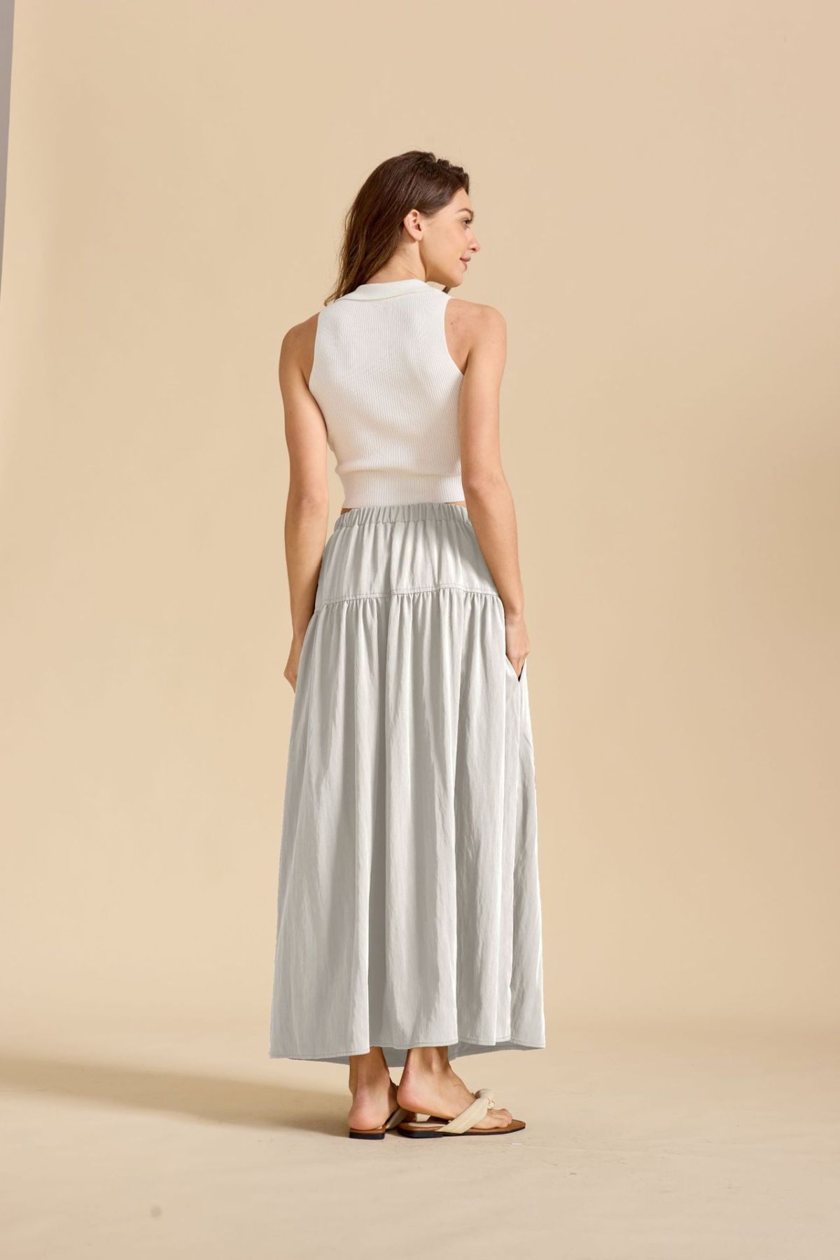Ruched Pocketed Cotton A-Line Maxi Skirt