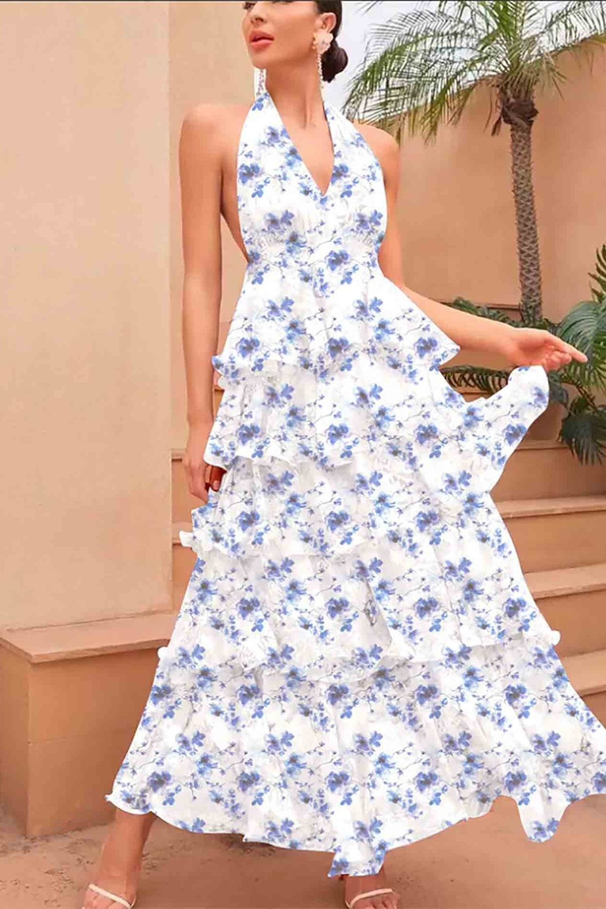 Floral Print V-Neck Layered Dress