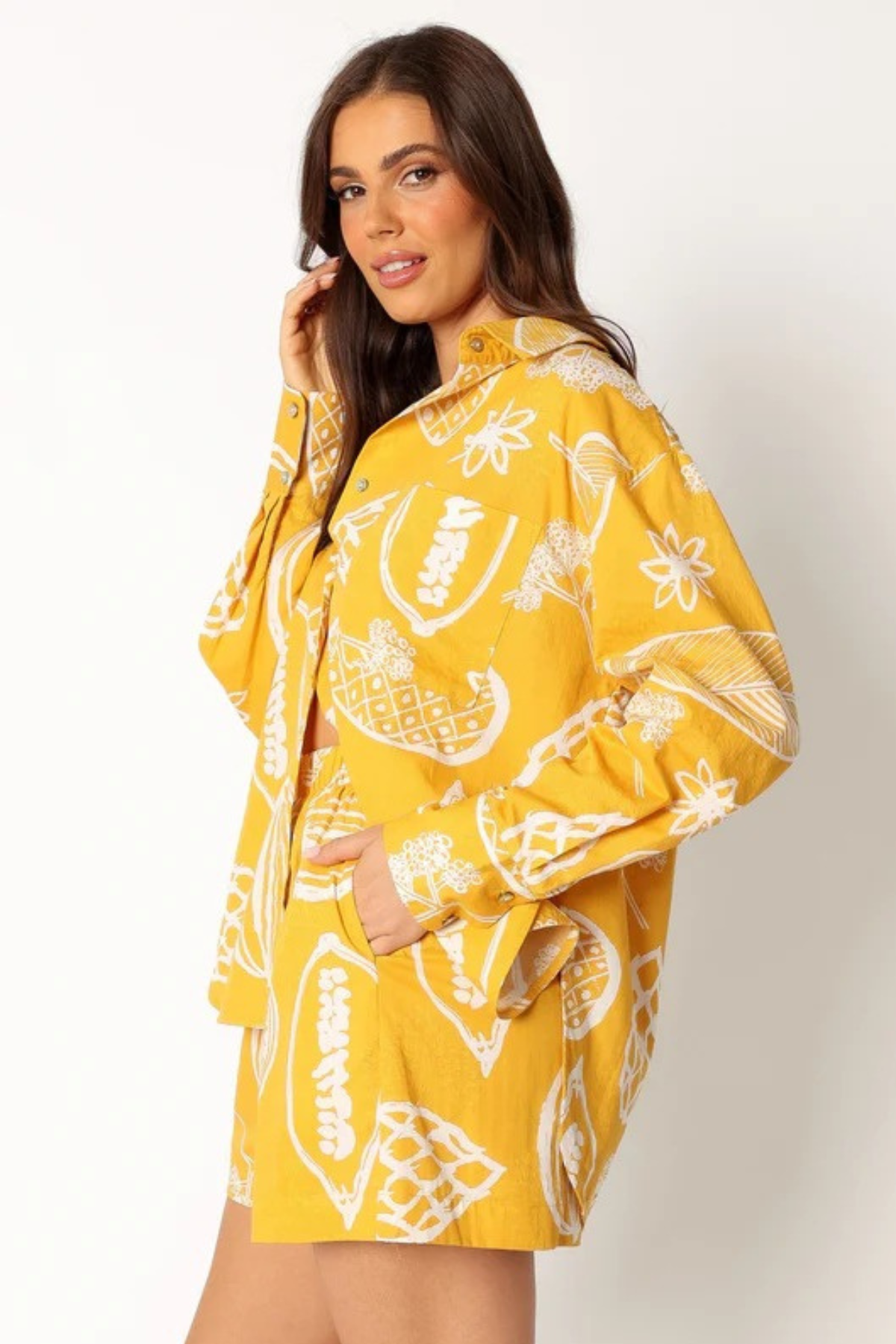 Floral Collared Long Sleeve Shirt & High-Rise Shorts Set