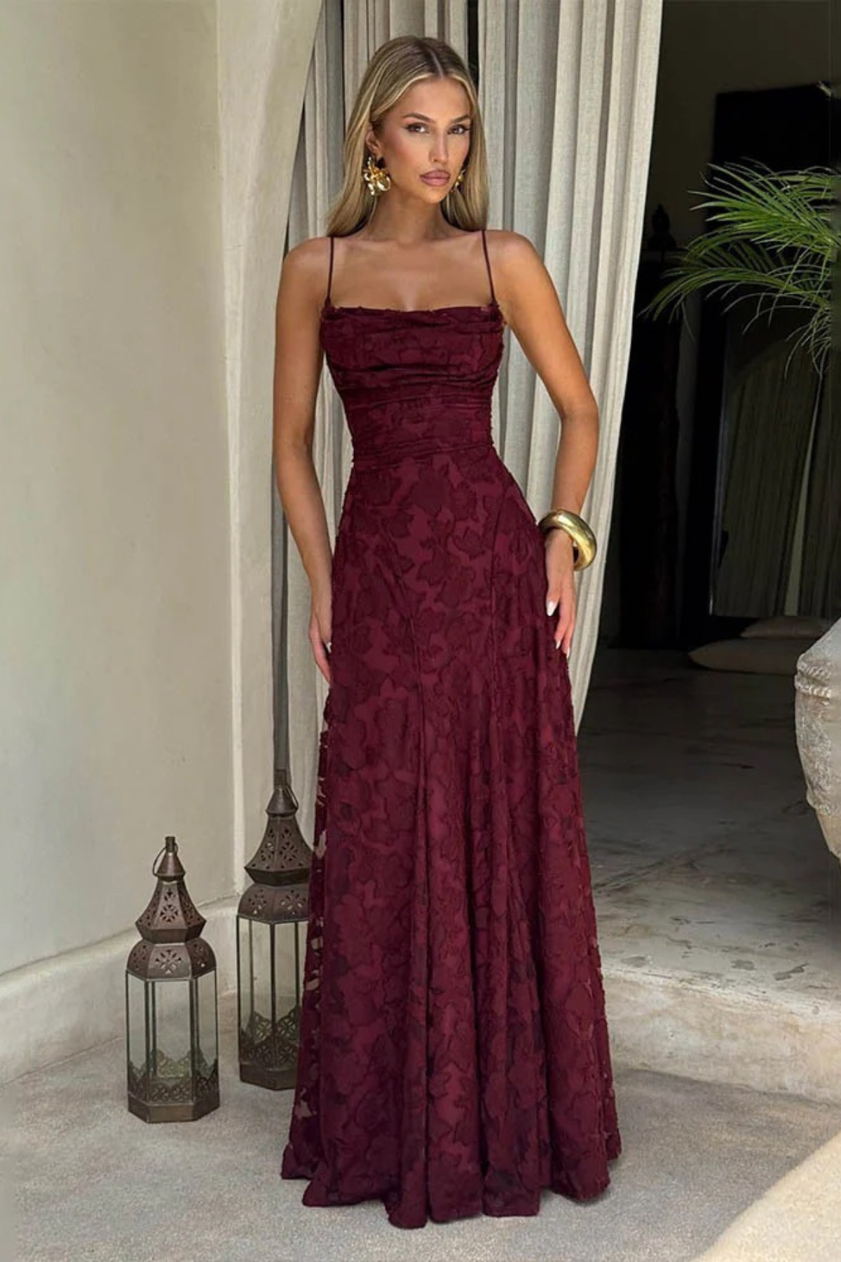 Lace-Up Ruched Backless Maxi Dress