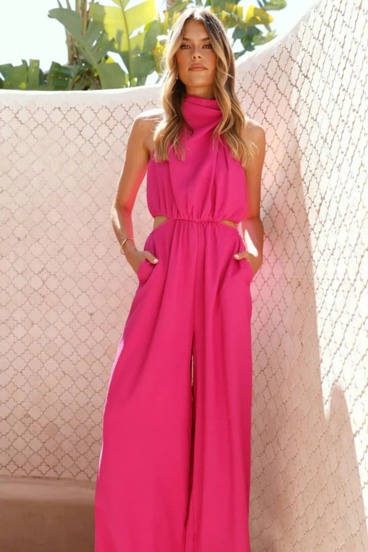 Mock Neck Cutout Jumpsuit with Tie Waist