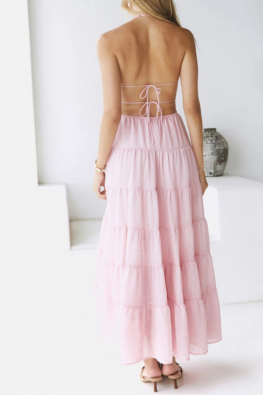 Ruffled Backless Ruched Tie Halter Midi Dress