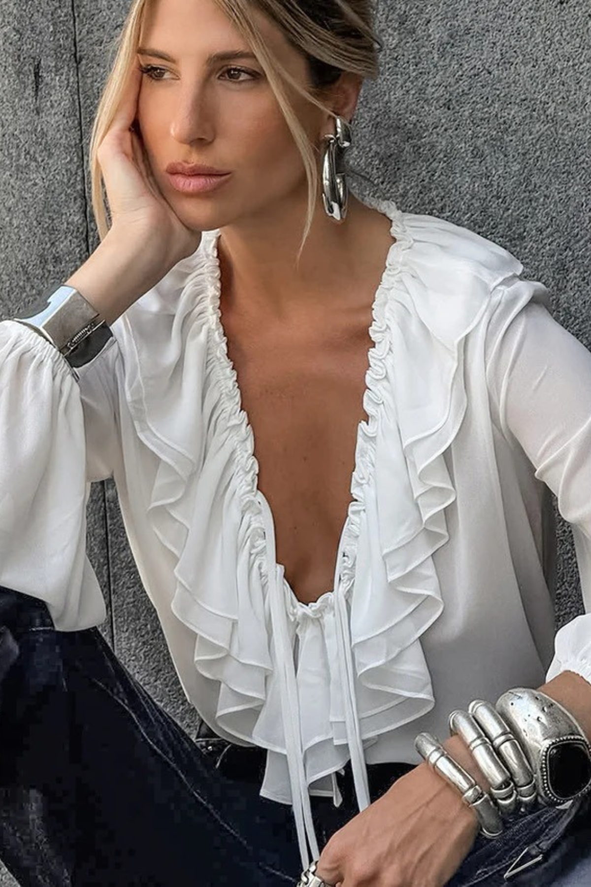 Ruffle Tie V-Neck Blouse