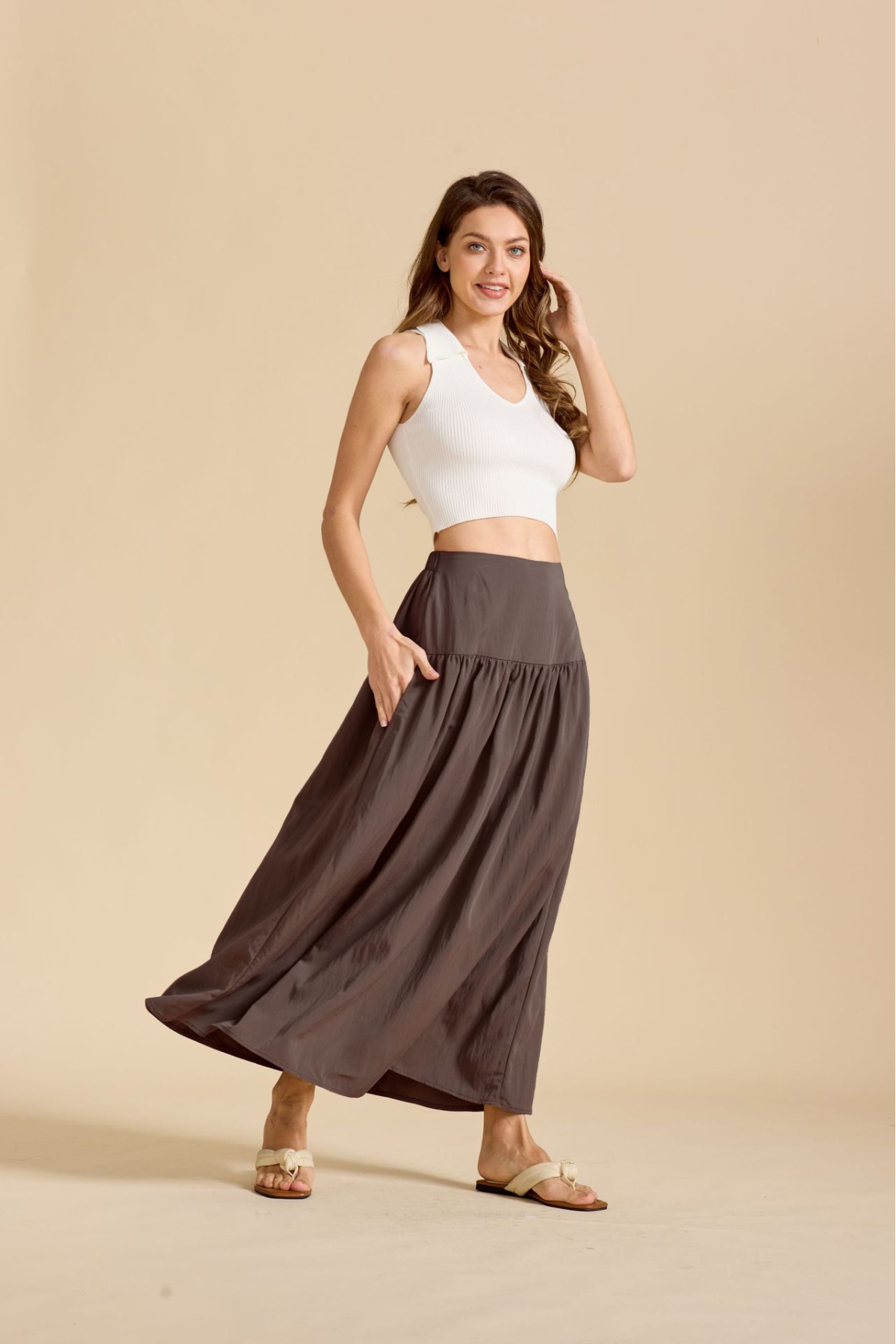 Ruched Pocketed Cotton A-Line Maxi Skirt