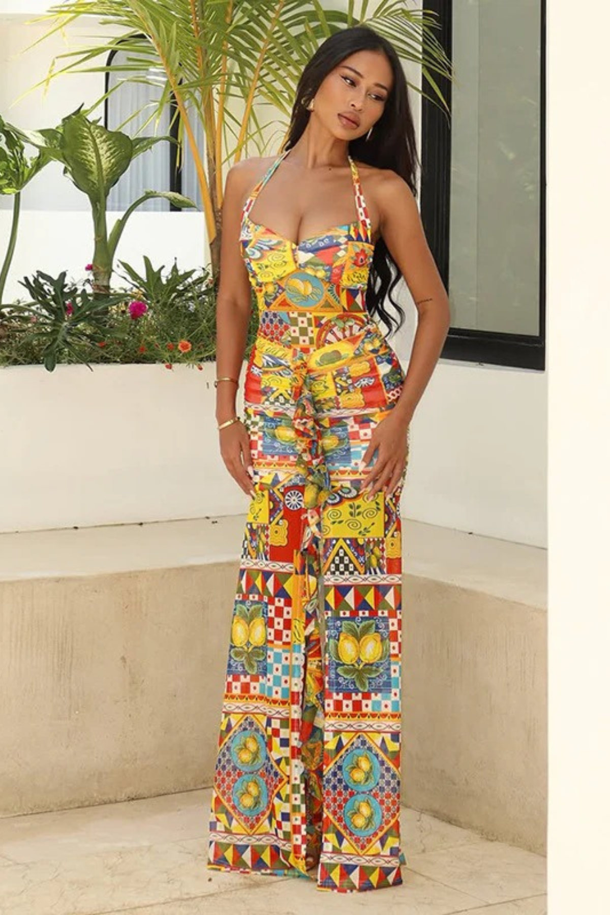 Halter Dress with Slit and Print