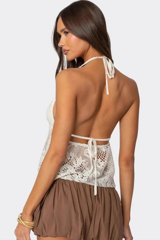 Backless Lace Tie Halter Tank