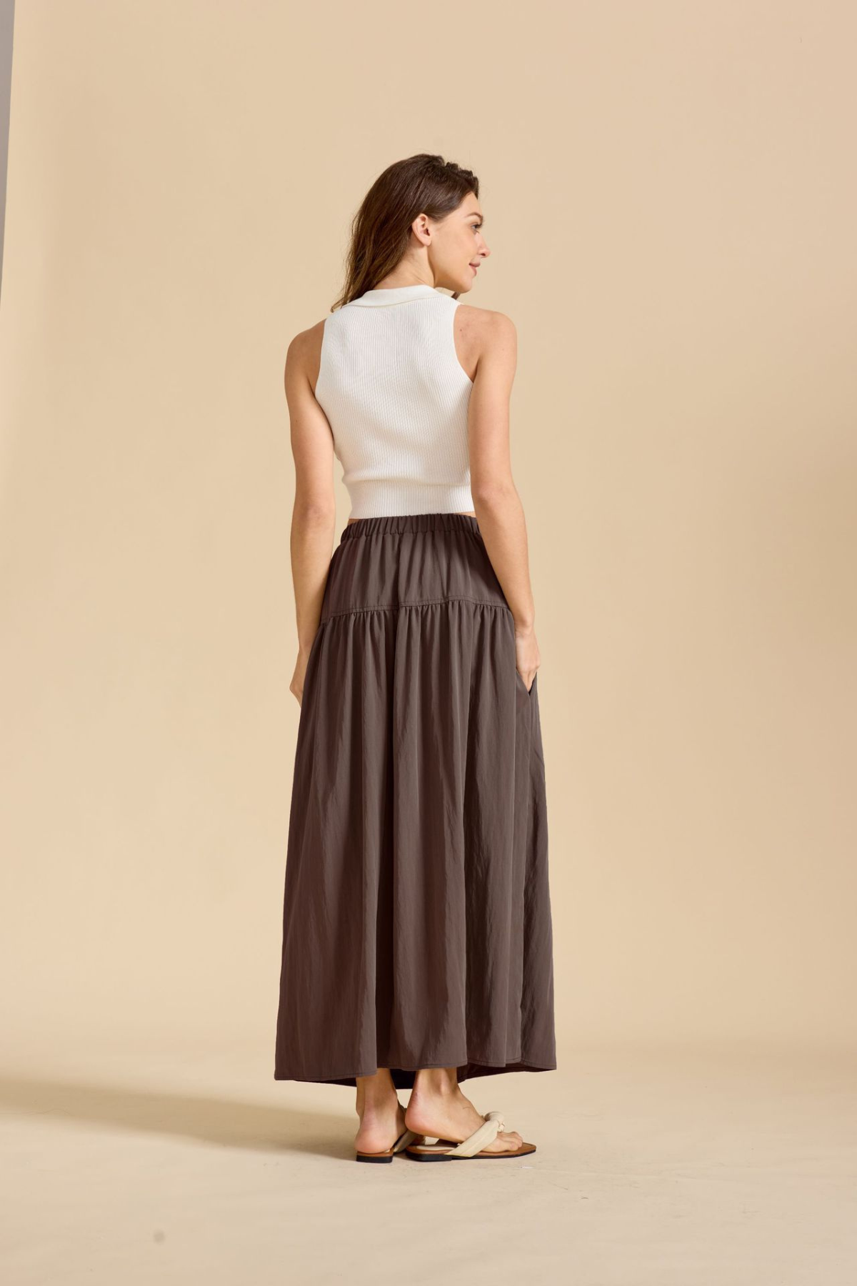 Ruched Pocketed Cotton A-Line Maxi Skirt