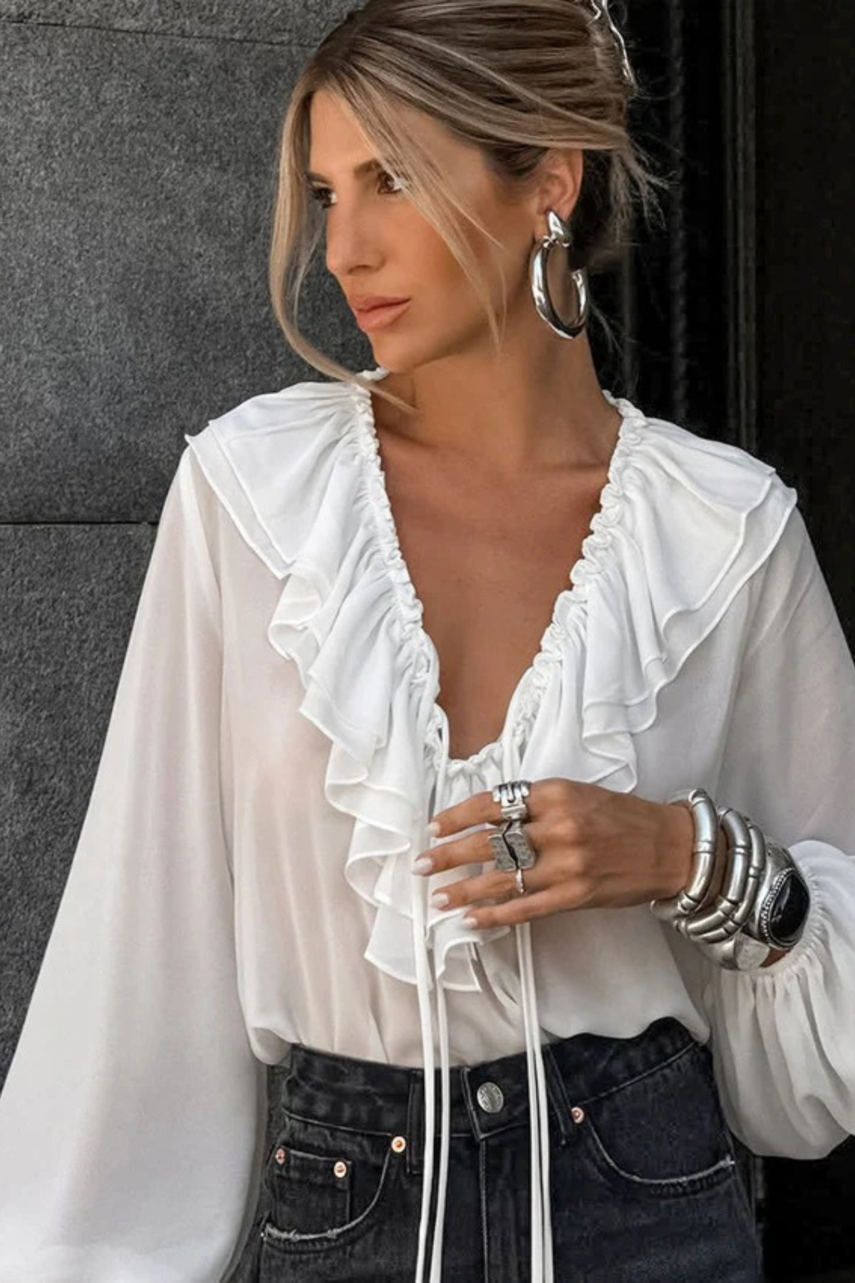 Ruffle Tie V-Neck Blouse