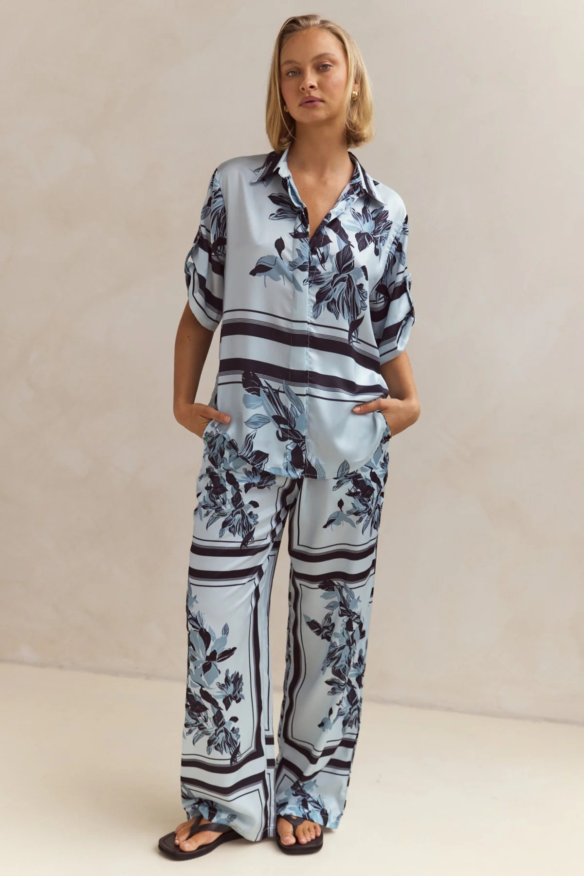 Striped Floral Button-Up Set
