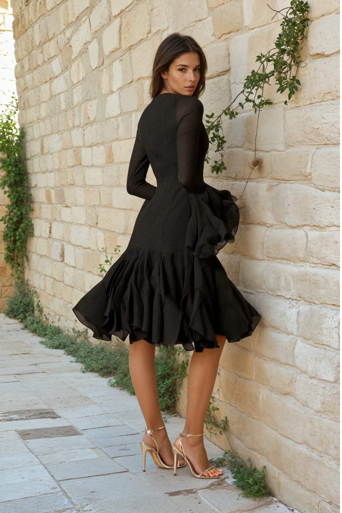 Long Sleeve Flared Hem Midi Dress
