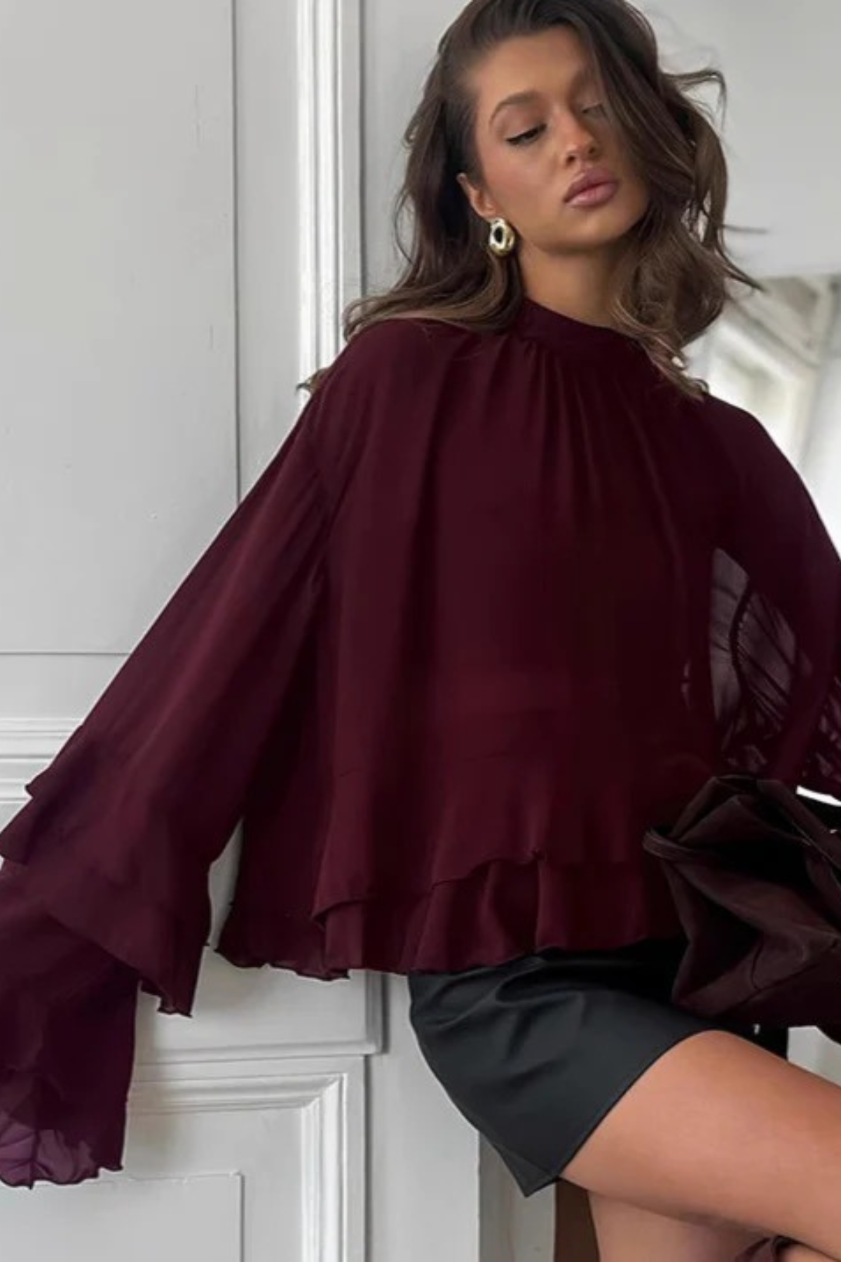 Ruffled Stand Collar Chiffon Blouse