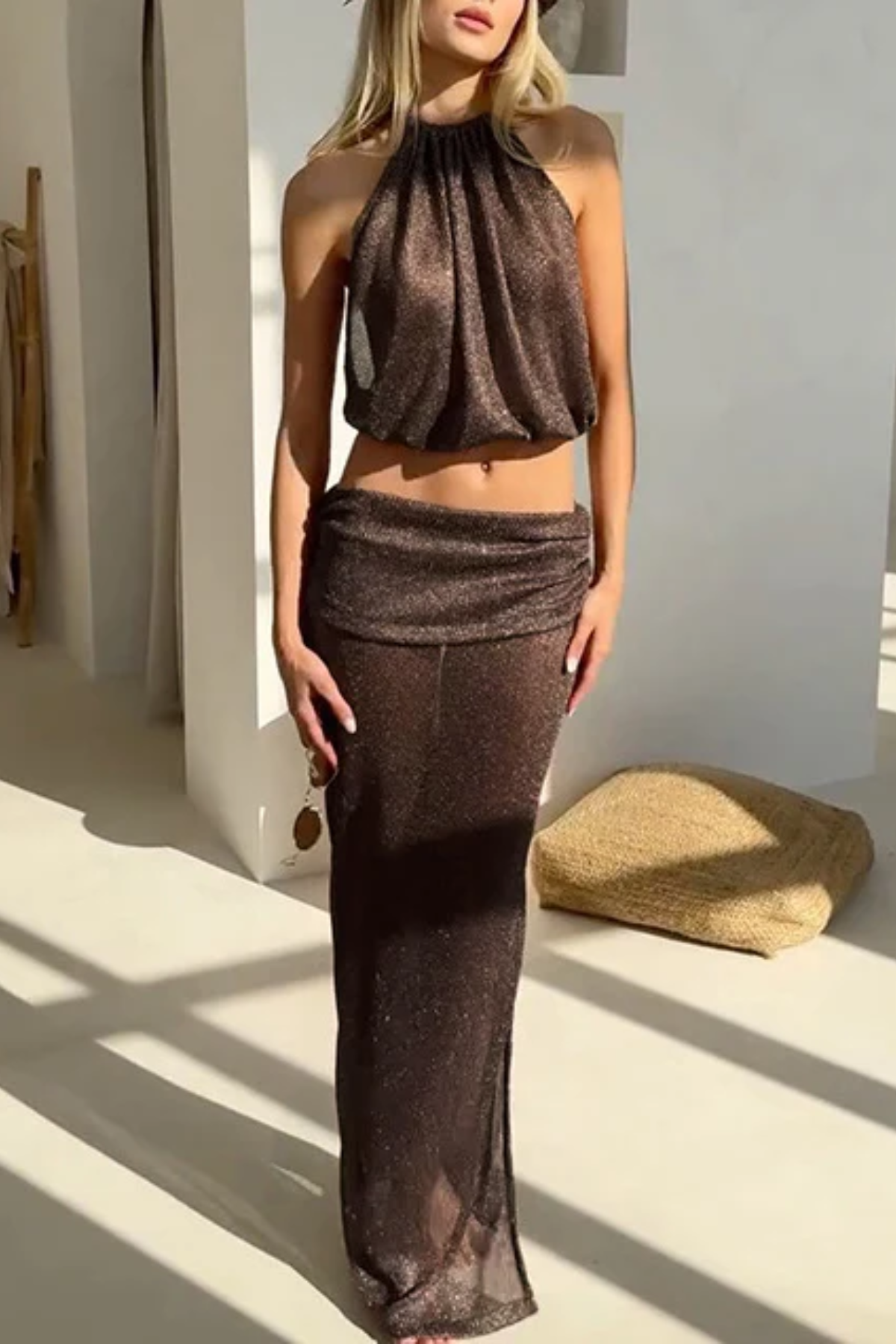 Solid Halter Crop Top & Slit Maxi Skirt Set