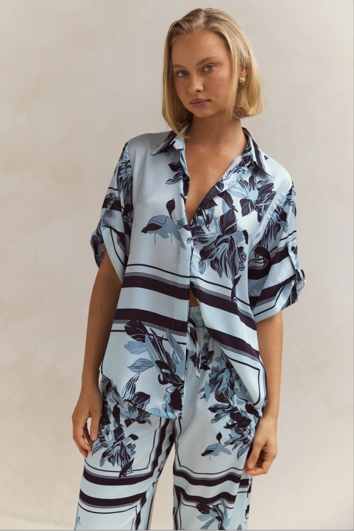 Striped Floral Button-Up Set