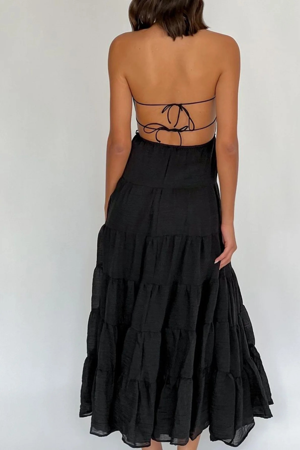 Ruffled Backless Ruched Tie Halter Midi Dress