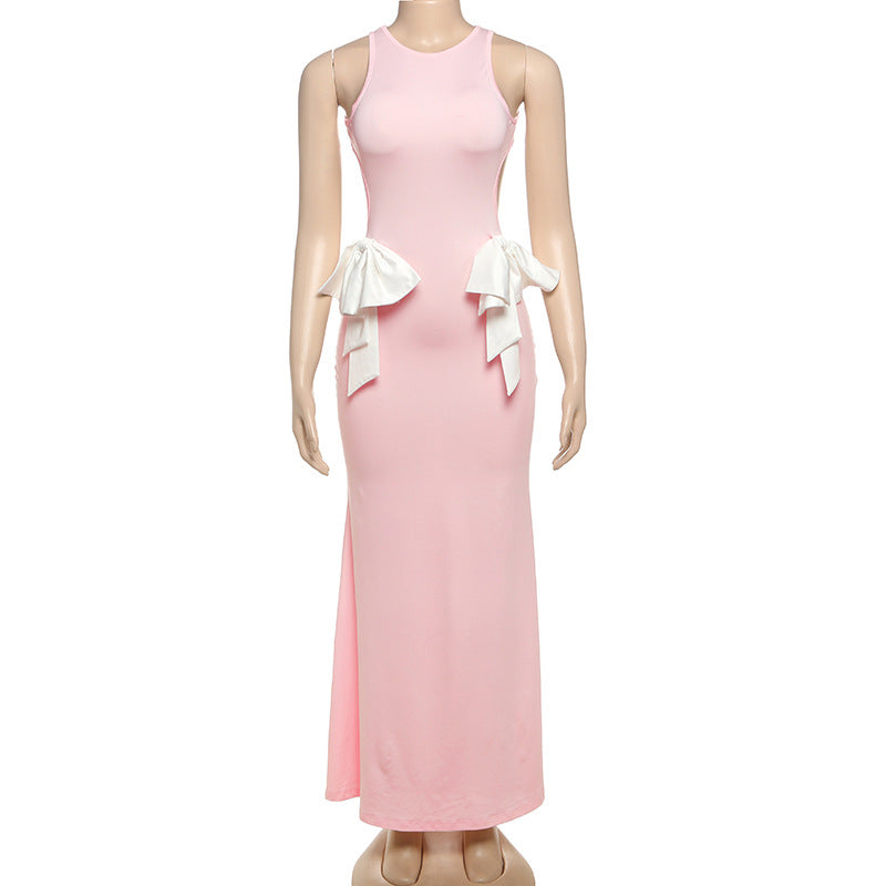 Spring Summer Women Clothing Sexy Sexy Slim Hollow Out Cutout round Neck Bowknot Backless Dress Women