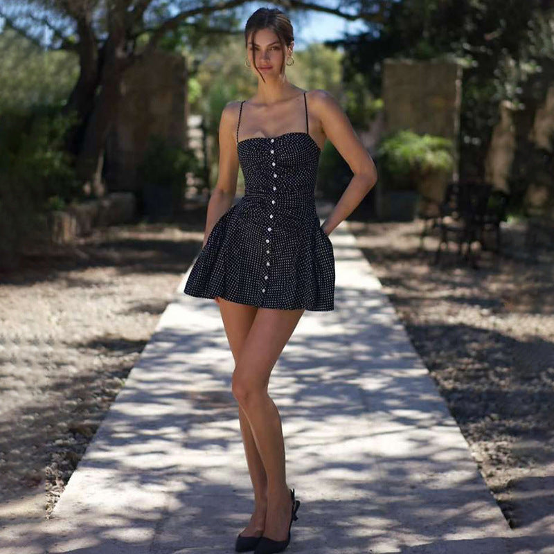 Spring Summer Women Clothing French Dot Sexy Button Slim Pleated Backless Sling Dress Women