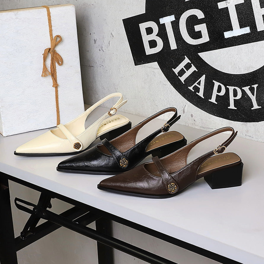 Retro Brown Camellia Pumps Word with Chunky Heel Low Heel Back Empty Back Strap Women Shoes