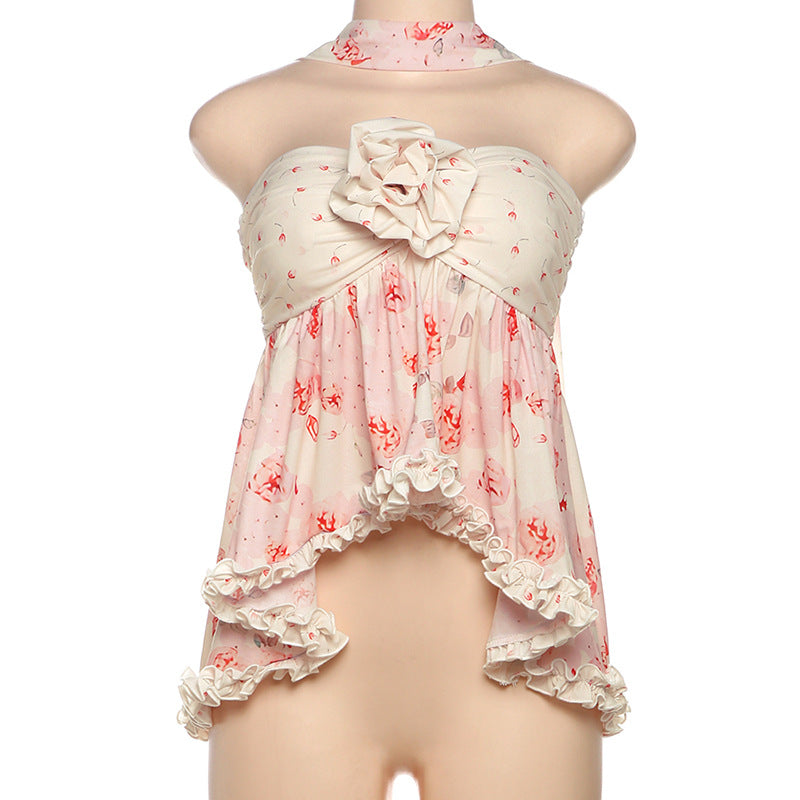 Spring Women Clothing Sexy Floral Printing Scarf Collar Irregular Asymmetric Tube Top Vest for Women
