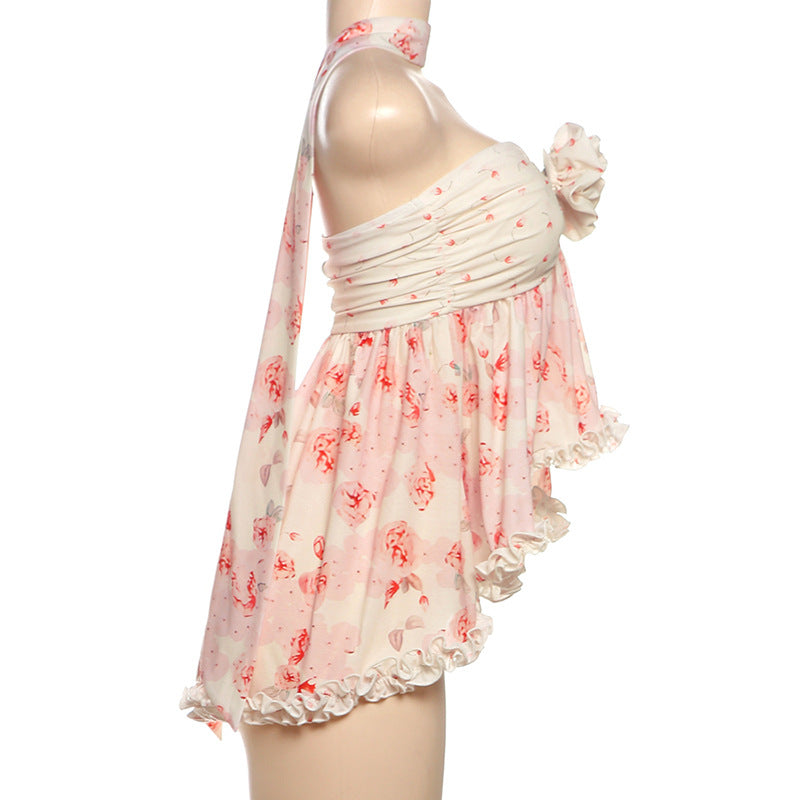 Spring Women Clothing Sexy Floral Printing Scarf Collar Irregular Asymmetric Tube Top Vest for Women