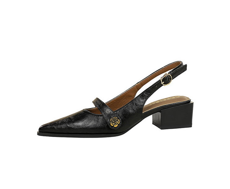 Retro Brown Camellia Pumps Word with Chunky Heel Low Heel Back Empty Back Strap Women Shoes