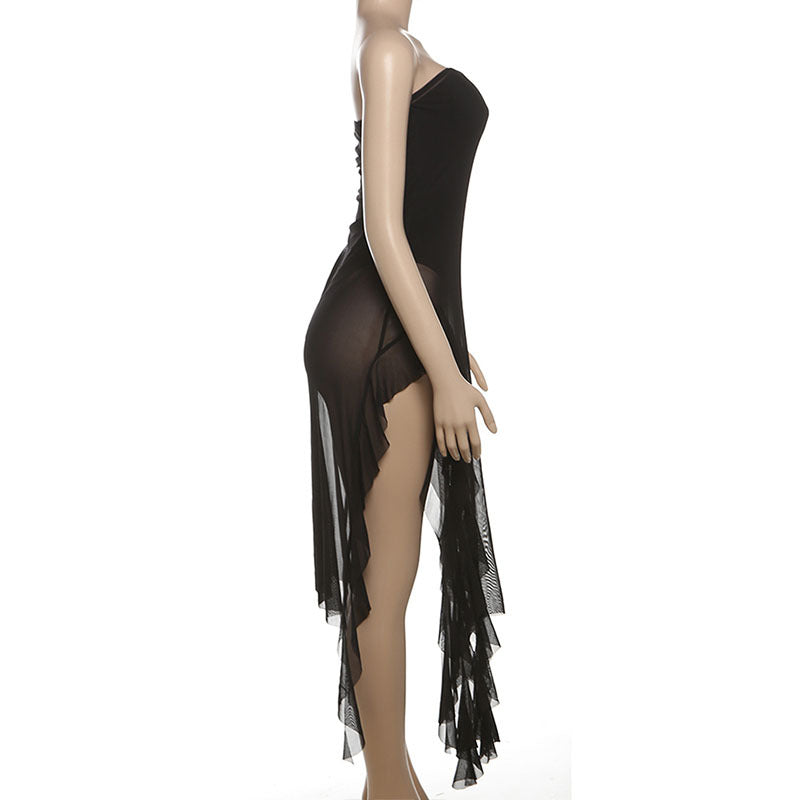 Spring Summer Women Mesh Sexy Personalized Irregular Asymmetric Slit Tassel Tube Top Jumpsuit Women